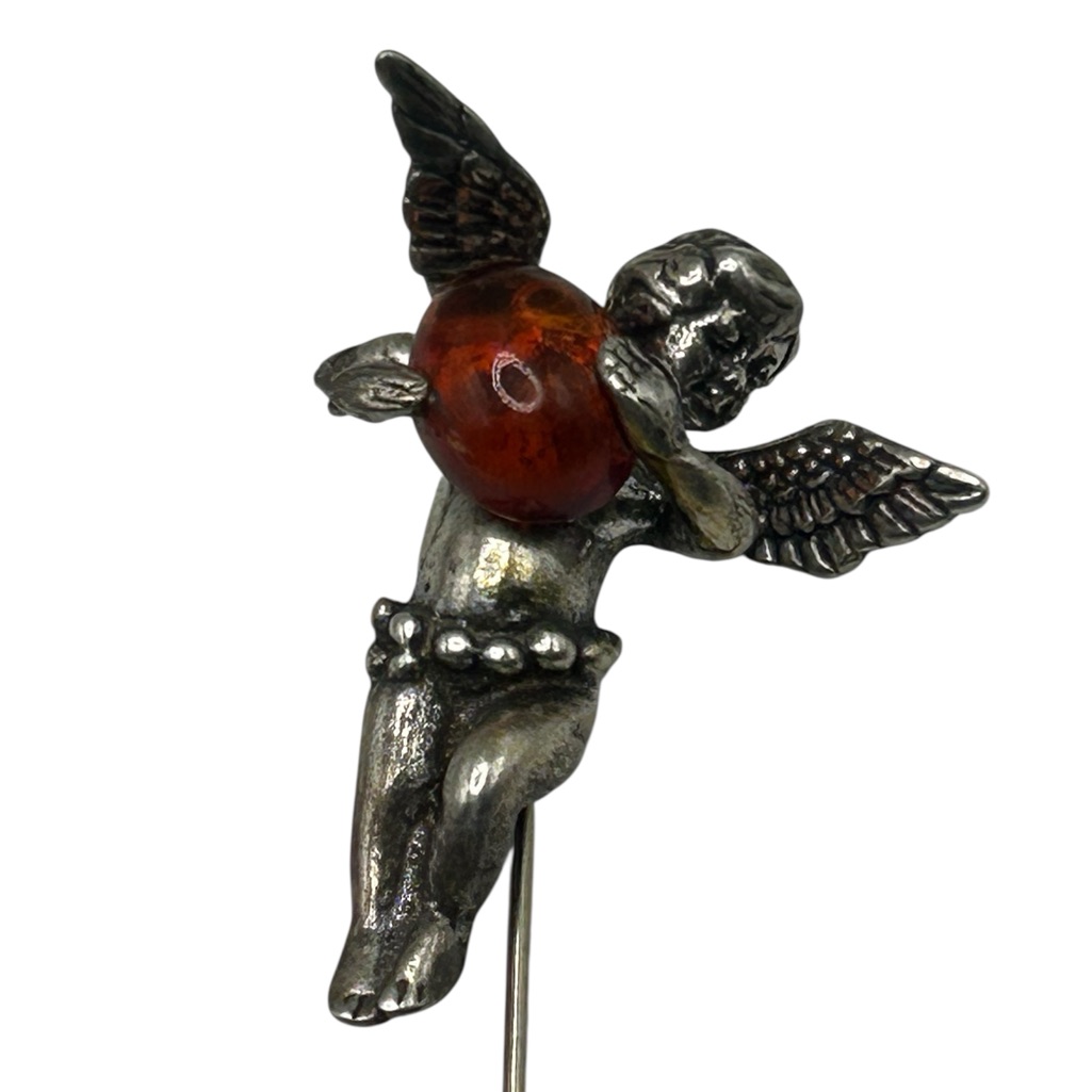 Vintage Sterling Silver Cherub Holding Amber Stick Pin